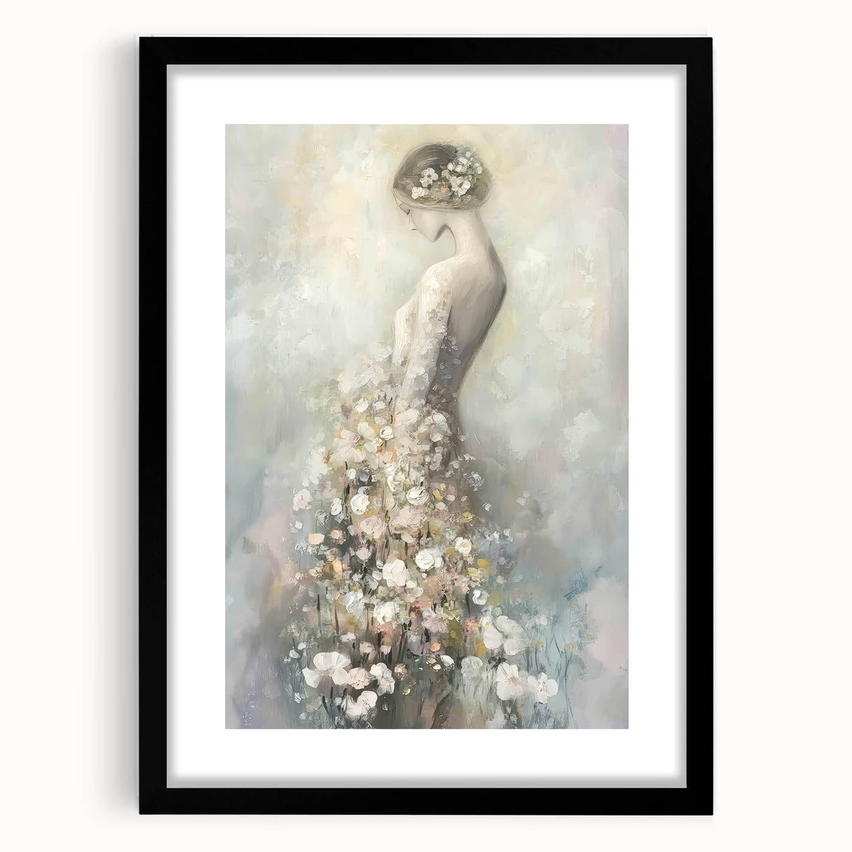 Abstract figurative wall art frame with a sleek black mat, showcasing vibrant colors and dynamic shapes, ideal for modern home decor or art collections.