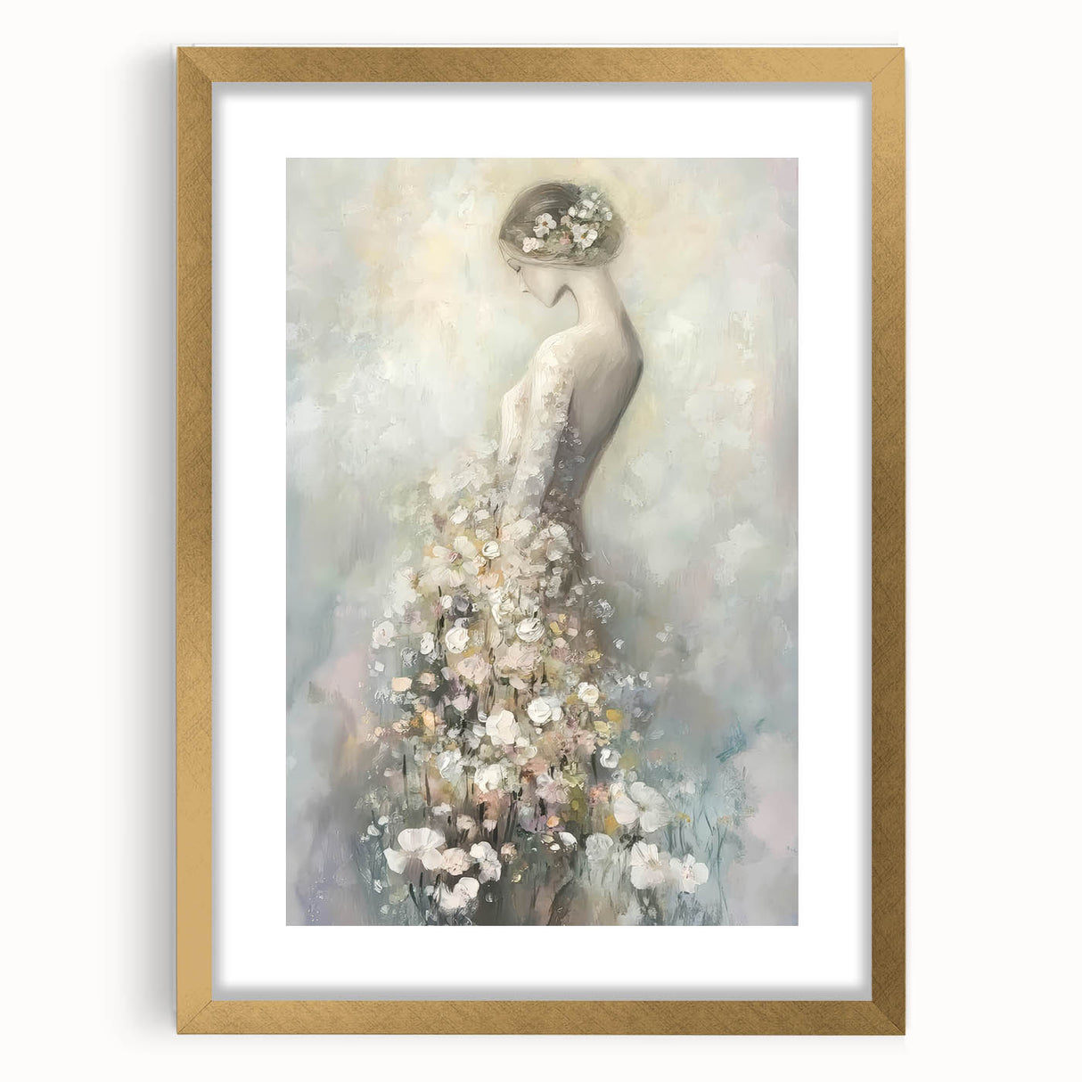 Abstract figurative frame featuring a gold mat, showcasing an elegant front view design. Ideal for modern decor, adding a touch of sophistication to any space.