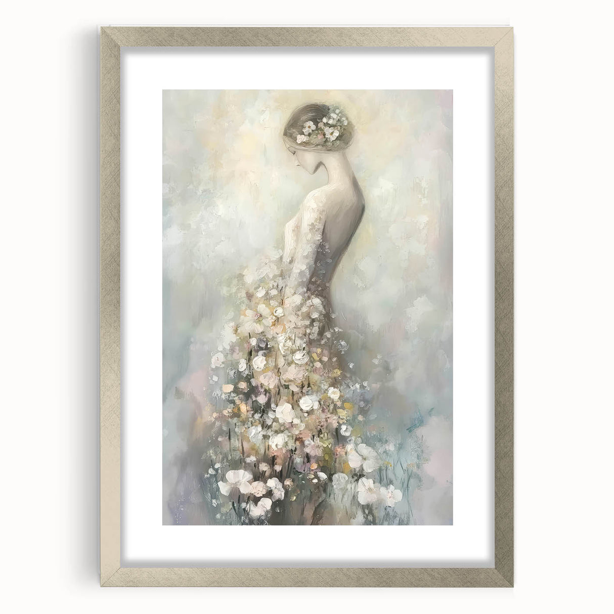 Abstract figurative frame with a silver mat, showcasing a modern art piece with vibrant colors and dynamic shapes, suitable for contemporary home decor.