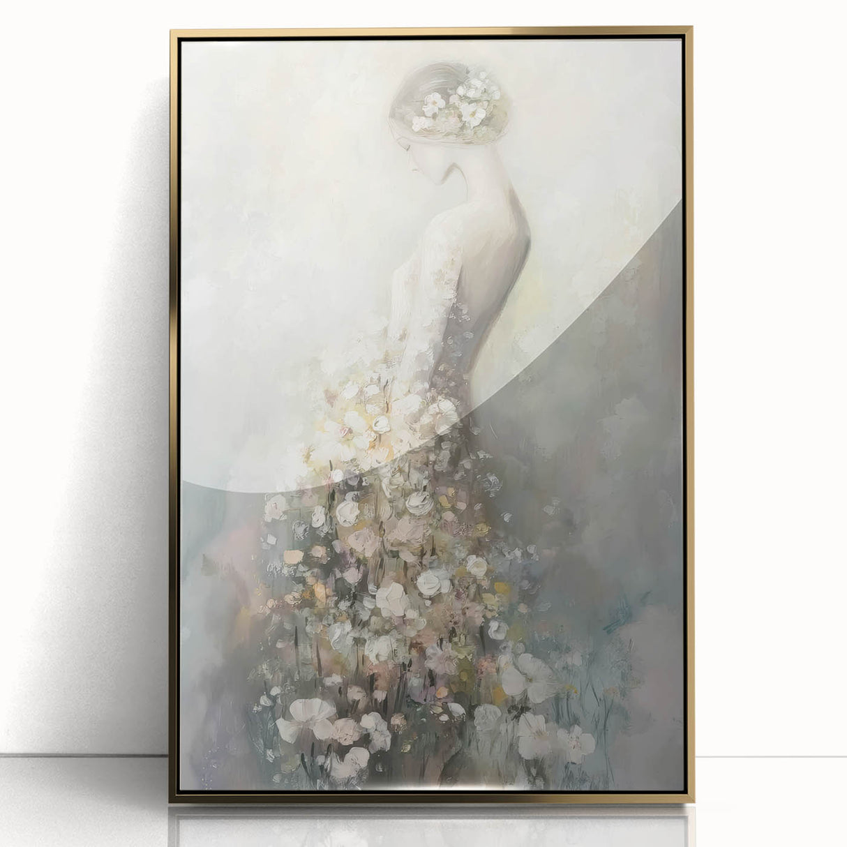 Abstract figurative art framed in gold with vibrant colors, showcasing dynamic shapes and forms, ideal for modern home decor and artistic interiors.