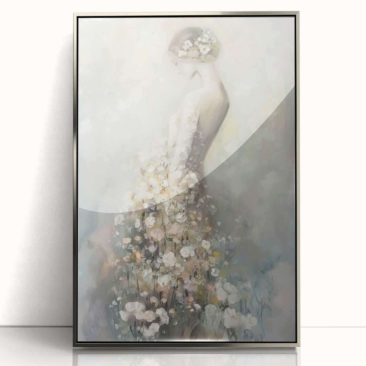 Framed abstract figurative art piece with a silver-acrylic finish, showcasing dynamic shapes and muted colors, perfect for modern decor and artistic expression.