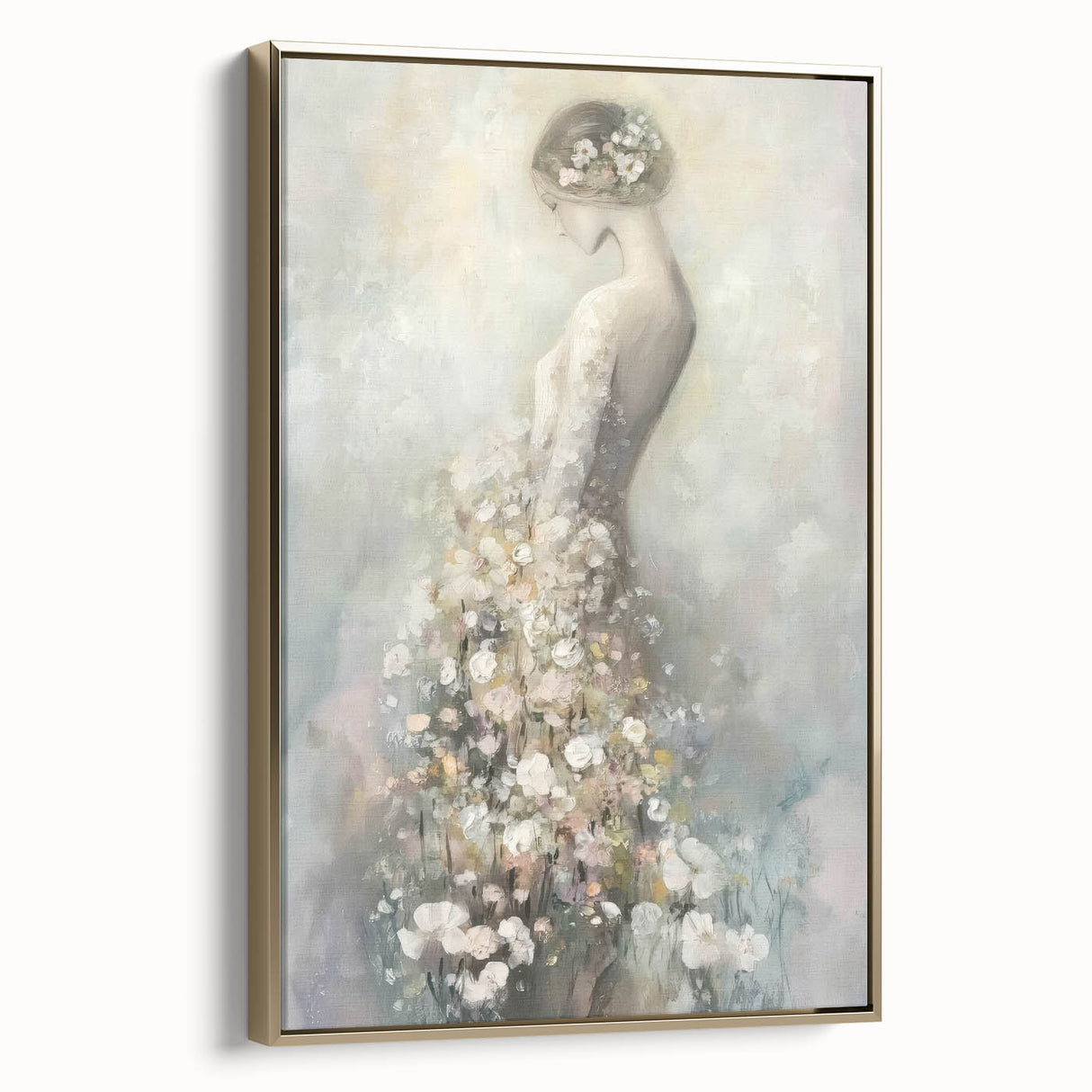 Abstract figurative framed canvas artwork showcasing a gold-hued design, viewed from the side, emphasizing its elegant frame and intricate details, perfect for modern decor.