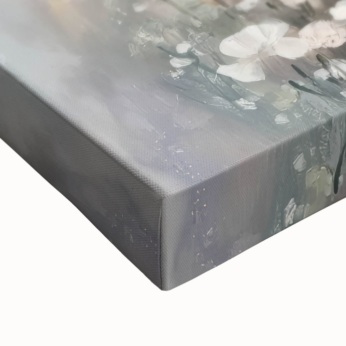 Close-up of an abstract figurative stretched canvas artwork showcasing vibrant colors and intricate details, perfect for modern home decor or art collectors.