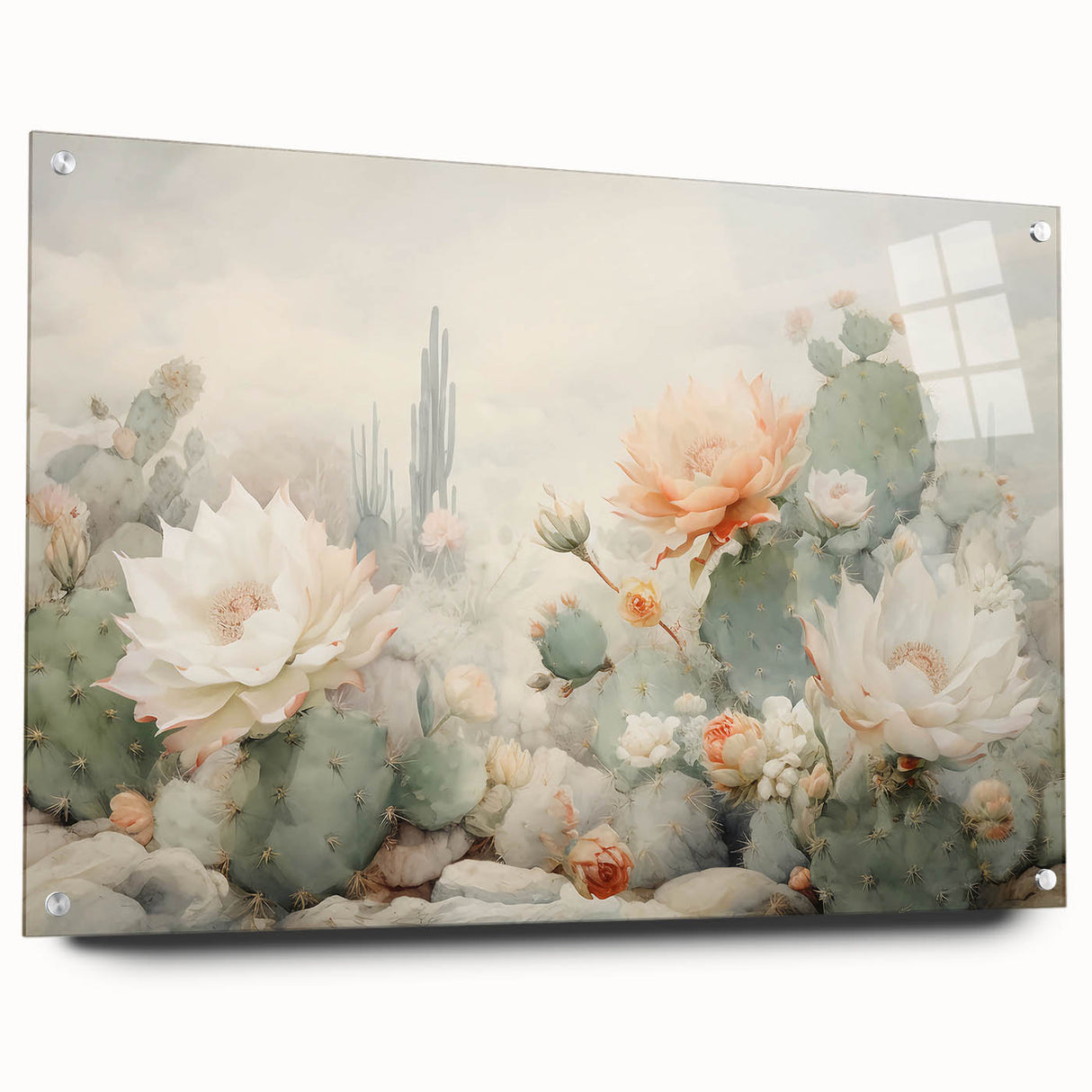 Abstract floral wall art displayed in a sleek acrylic frame, showcasing vibrant colors and intricate designs, perfect for modern home decor. Side view highlights pins holding the artwork securely, emphasizing its contemporary aesthetic and craftsmanship.