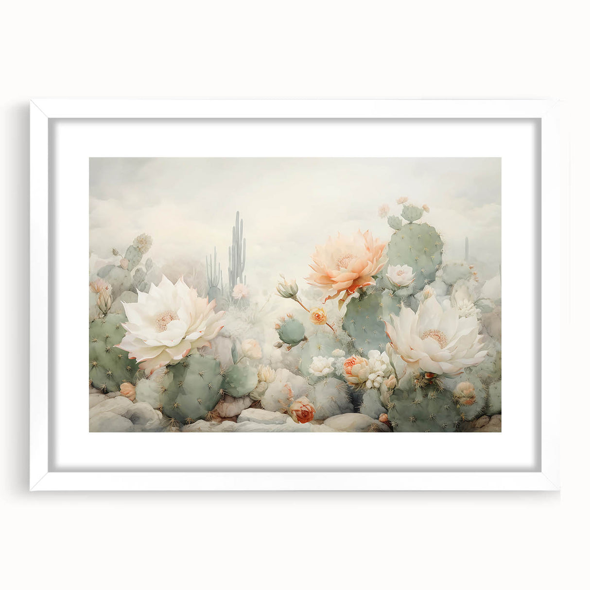 Abstract floral wall art print in a white frame with matting, showcasing vibrant colors and intricate details, ideal for modern home decor or office spaces.