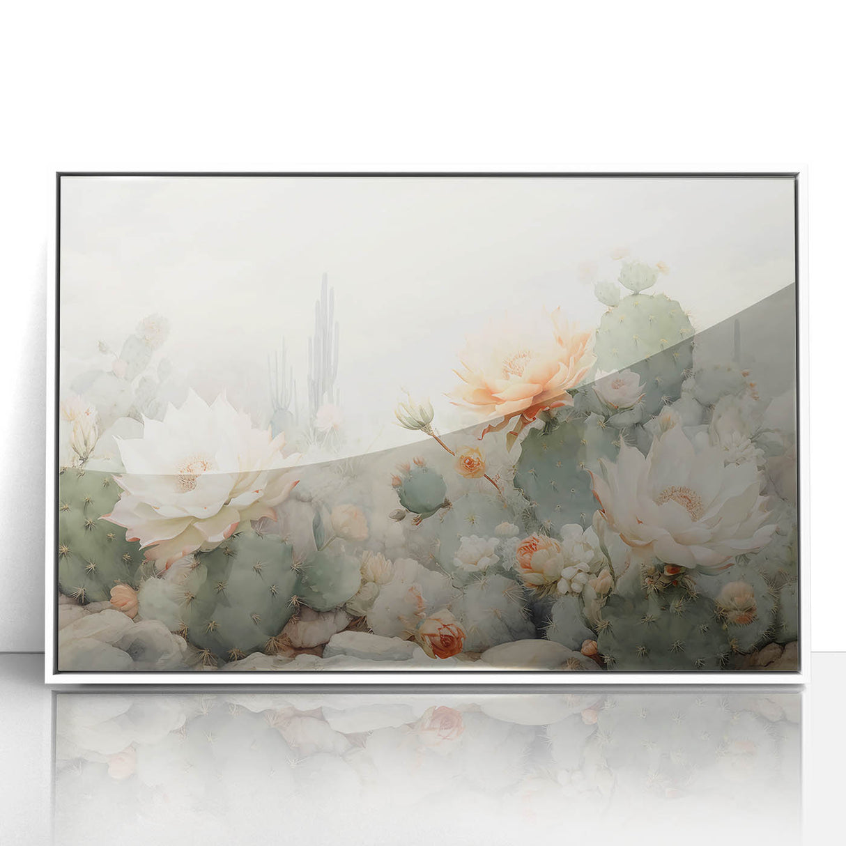 Framed abstract floral wall art featuring vibrant colors and intricate designs, set in a sleek white frame, perfect for modern home decor.