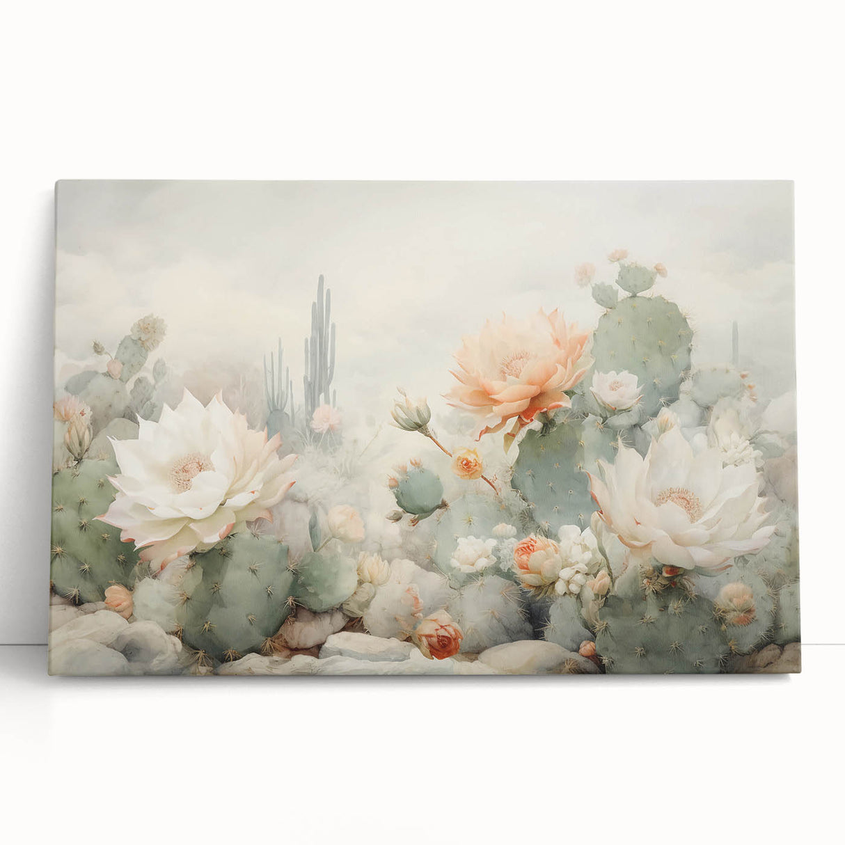 Abstract floral wall art design on stretched canvas, featuring vibrant colors like pink, green, and blue, leaning against a neutral wall, perfect for modern decor.