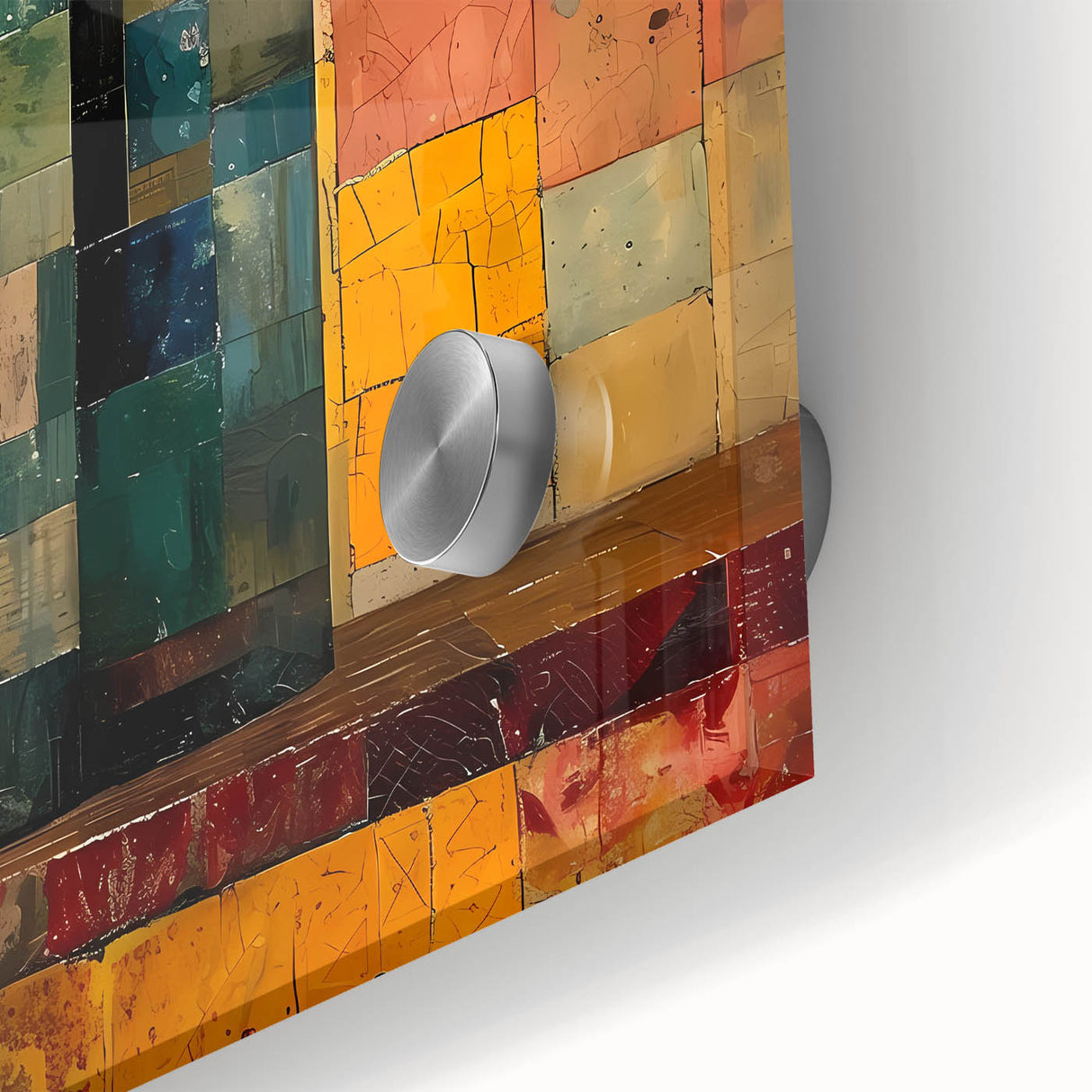 Close-up of vibrant abstract floral wall art on acrylic glass, showcasing intricate details and rich colors, perfect for modern home decor accents.