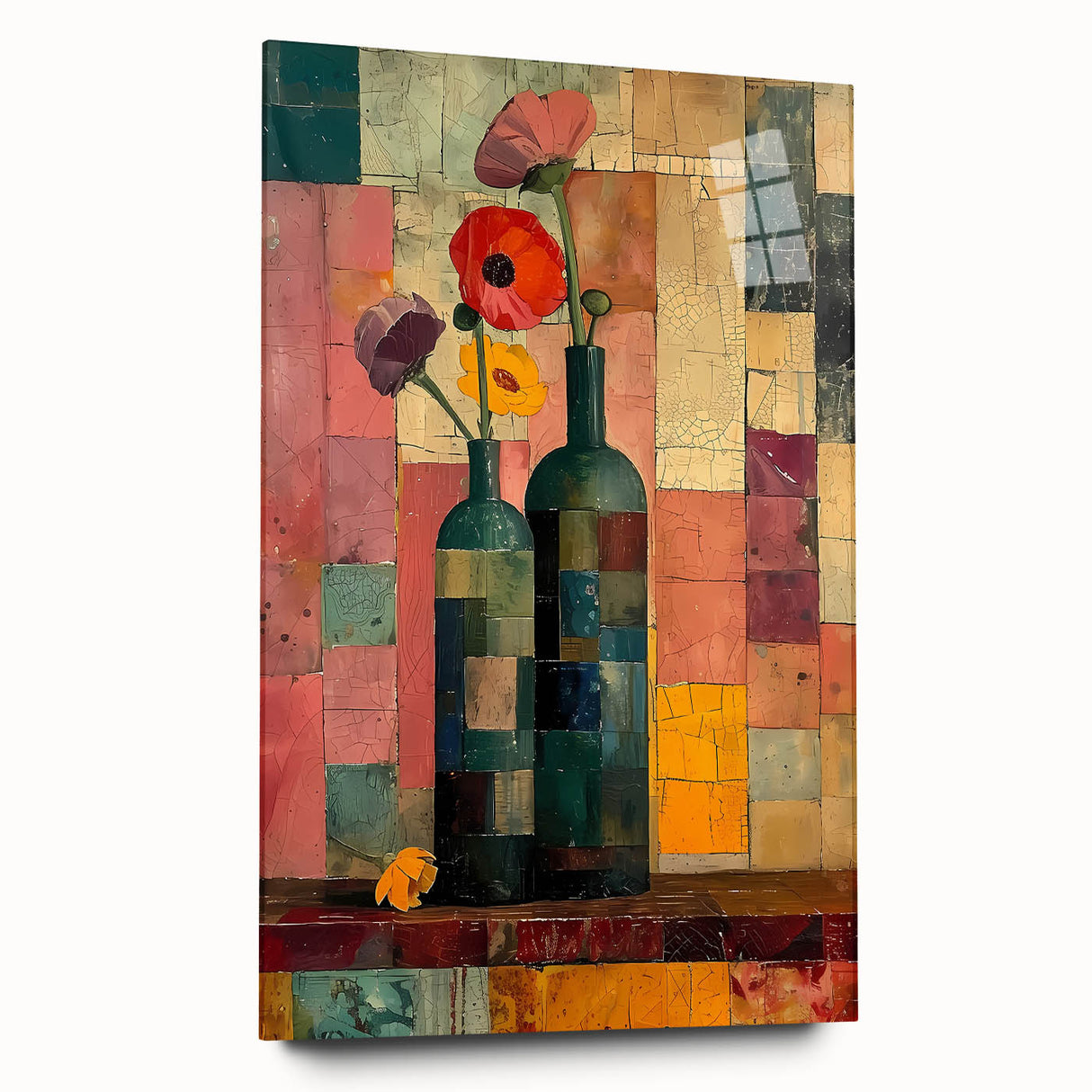 Abstract floral wall art displayed in a sleek acrylic frame, showcasing vibrant colors and intricate designs, perfect for modern home decor and artistic touch.