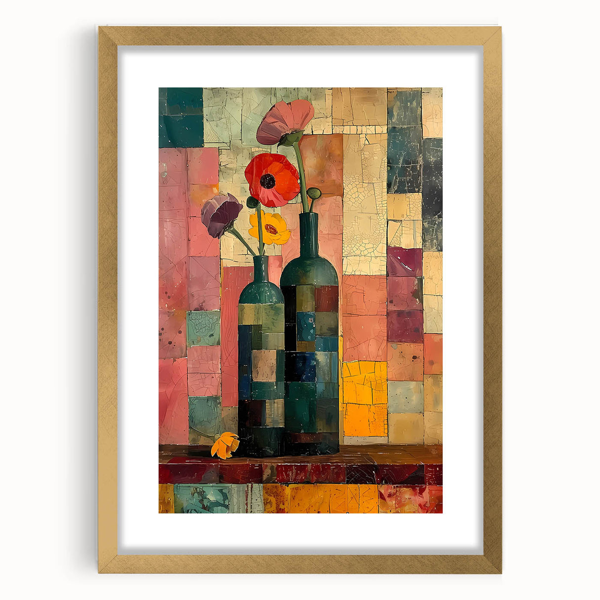 Abstract floral wall art framed in gold with a white mat, showcasing vibrant colors and intricate designs, ideal for modern home decor.