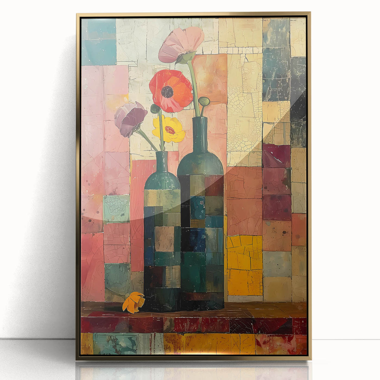 Framed abstract floral wall art featuring vibrant colors and gold accents, ideal for modern decor. Perfect for adding elegance to living spaces or offices.