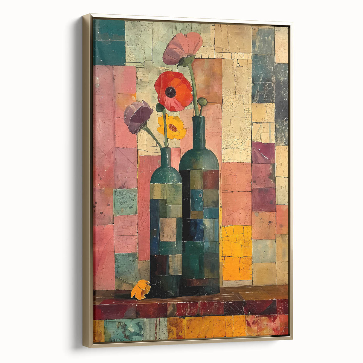 Framed canvas wall art featuring an abstract floral design in vibrant colors, accented with gold tones, showcased in a stylish side view. Ideal for modern home decor.