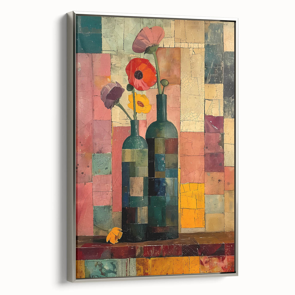 Framed canvas wall art showcasing an abstract floral design in vibrant colors, featuring a sleek silver frame, perfect for modern home decor.