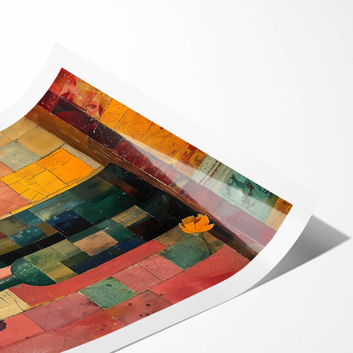 Colorful abstract floral wall art print showcasing vibrant hues of pink, blue, and yellow, rolled and ready for framing, perfect for modern home decor.