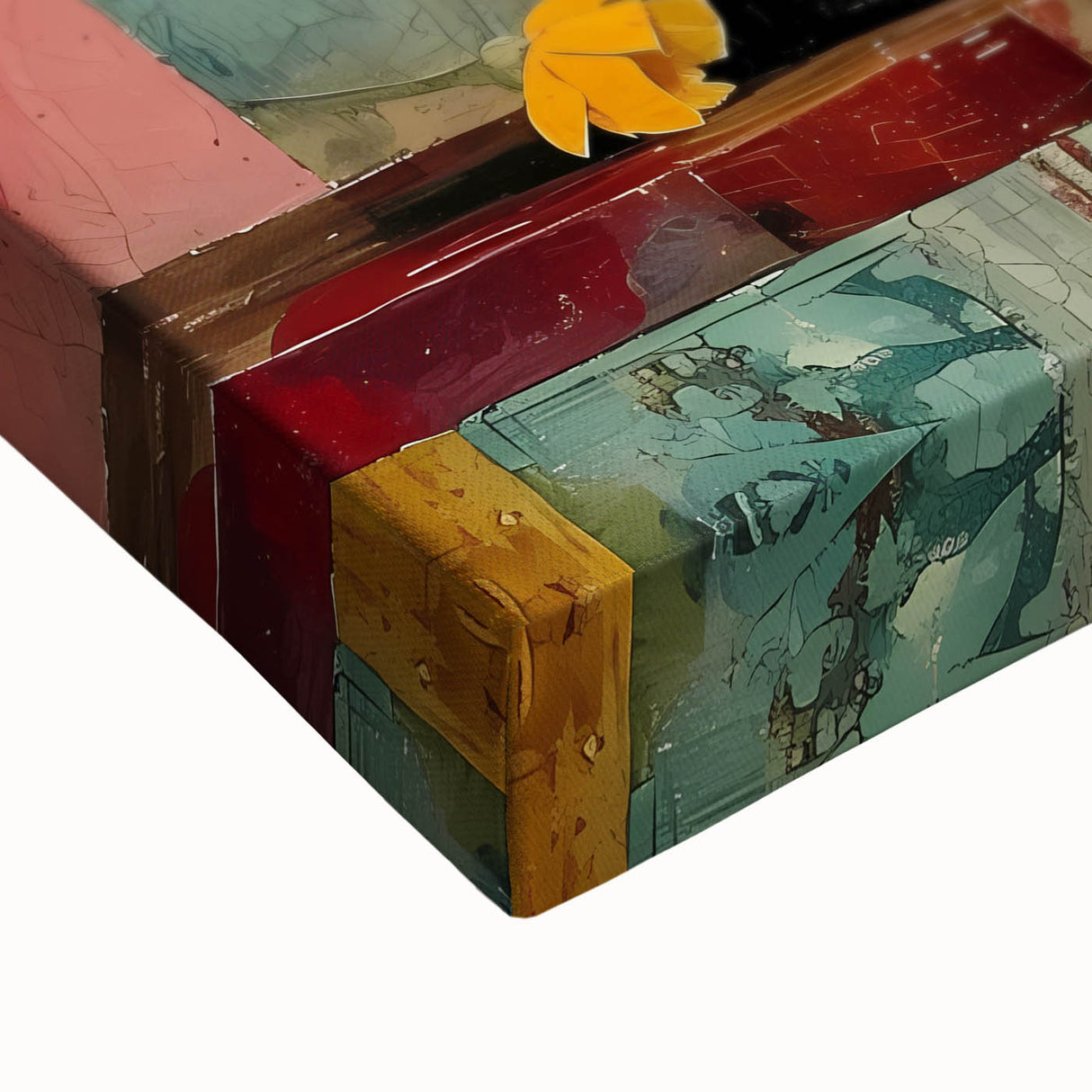 Close-up of vibrant abstract floral wall art on stretched canvas, showcasing intricate details and rich colors, perfect for modern home decor accents.