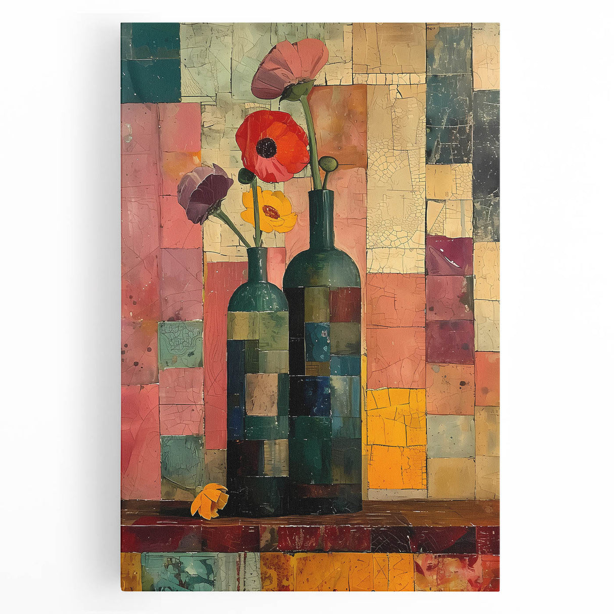 Abstract floral wall art on stretched canvas, showcasing vibrant colors and intricate designs. Ideal for home decor, adding elegance to any space.