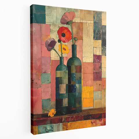 Abstract florals wall art on stretched canvas showcases vibrant colors and dynamic patterns, perfect for modern home decor. The side view highlights the canvas depth and quality craftsmanship, ideal for adding a contemporary touch to any room.