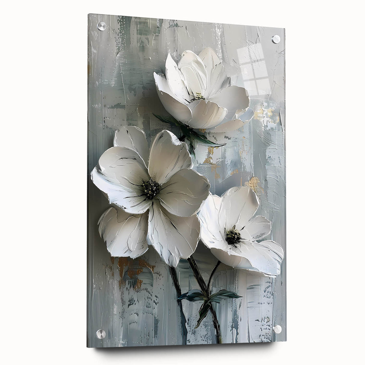 Abstract floral wall art displayed in a side view, showcasing vibrant colors and intricate designs, mounted with pins for an elegant presentation. Ideal for modern home decor.