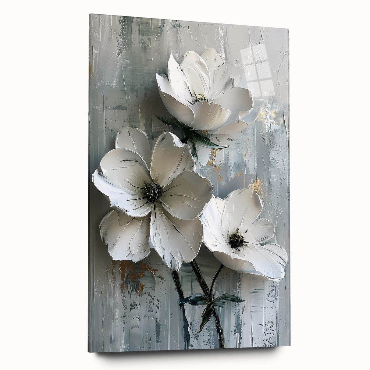 Abstract floral wall art showcased in a sleek acrylic glass frame, highlighting vibrant colors and intricate designs, perfect for modern home decor.