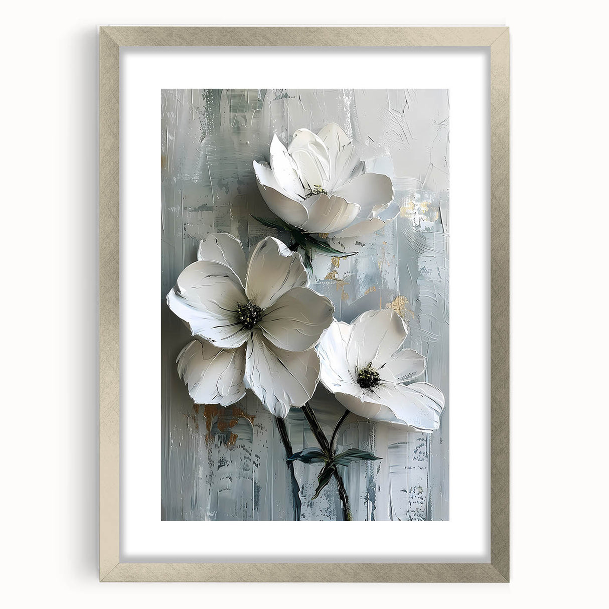 Abstract floral wall art framed in silver with a mat, showcasing vibrant colors and intricate designs, perfect for modern home decor. Ideal for enhancing living spaces.