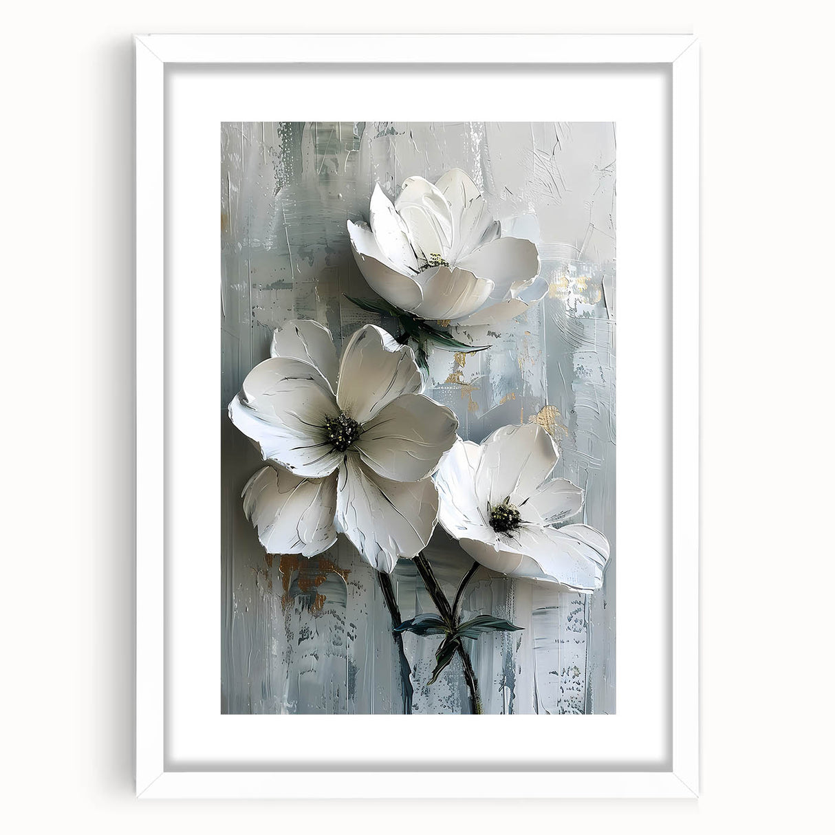 Abstract floral wall art framed in white with a mat, showcasing vibrant colors and intricate designs, perfect for modern home decor.