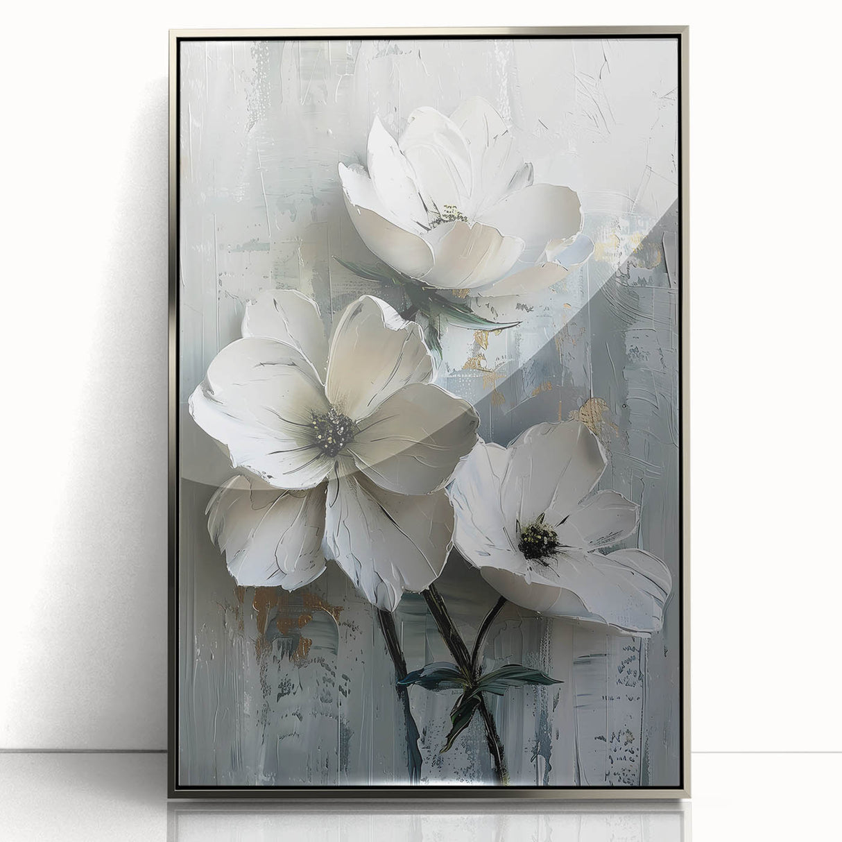 Framed abstract floral wall art featuring vibrant colors and intricate designs, set in a sleek silver frame, ideal for enhancing modern home decor.
