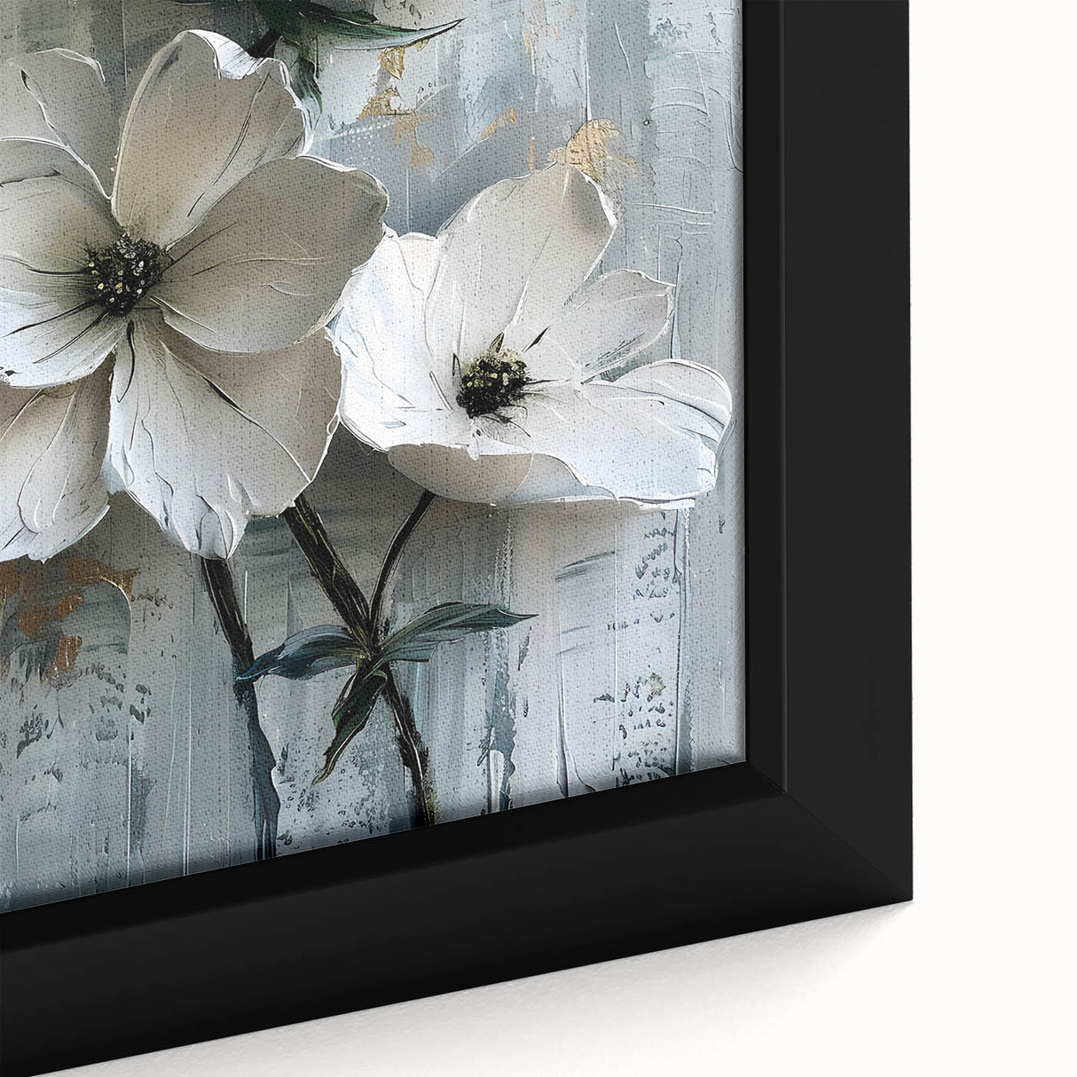 Close-up of framed abstract floral wall art on canvas, featuring vibrant colors like pink, blue, and green. Ideal for modern home decor or artistic spaces.