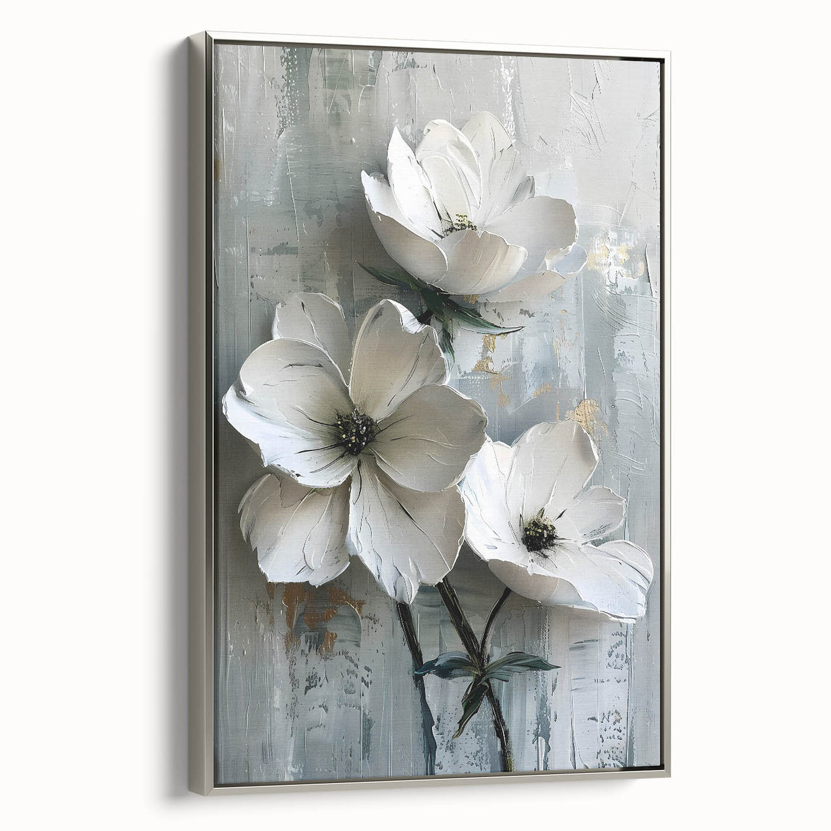 Framed canvas wall art showcasing abstract floral design in vibrant colors with a silver frame, ideal for modern home decor. Perfect for adding a touch of elegance and nature to any room.
