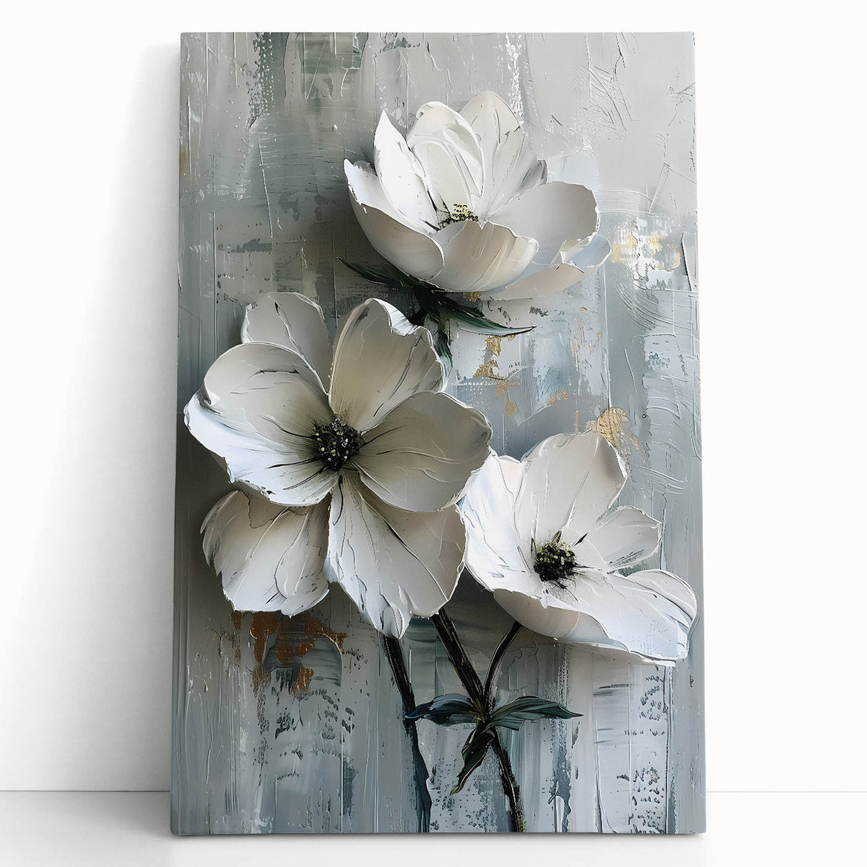 Abstract floral wall art on stretched canvas, showcasing vibrant colors and intricate patterns, elegantly leaning against a neutral wall, perfect for home decor.