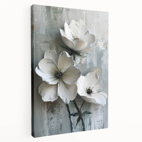 Stretched canvas wall art showcasing vibrant abstract floral designs in soft pastel colors. The side view highlights the gallery-wrapped edges and textured finish, perfect for enhancing modern home decor.