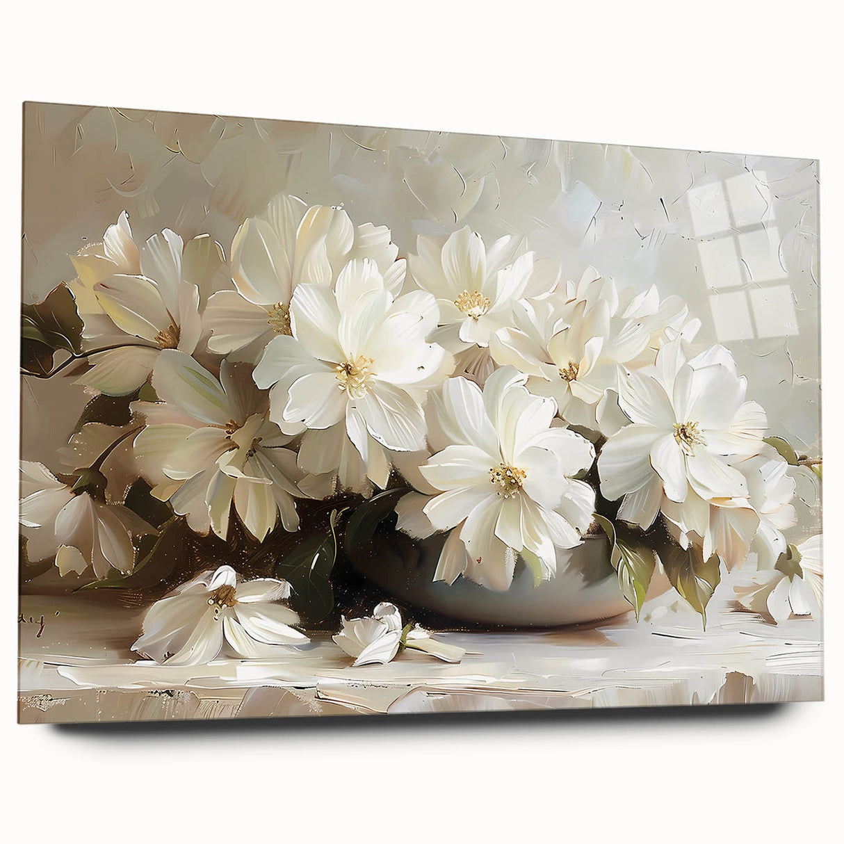 Abstract floral wall art displayed in a sleek acrylic frame, showcasing vibrant colors and intricate designs, perfect for modern home decor. The side view highlights its elegant presentation without visible pins, enhancing its aesthetic appeal for art enthusiasts.