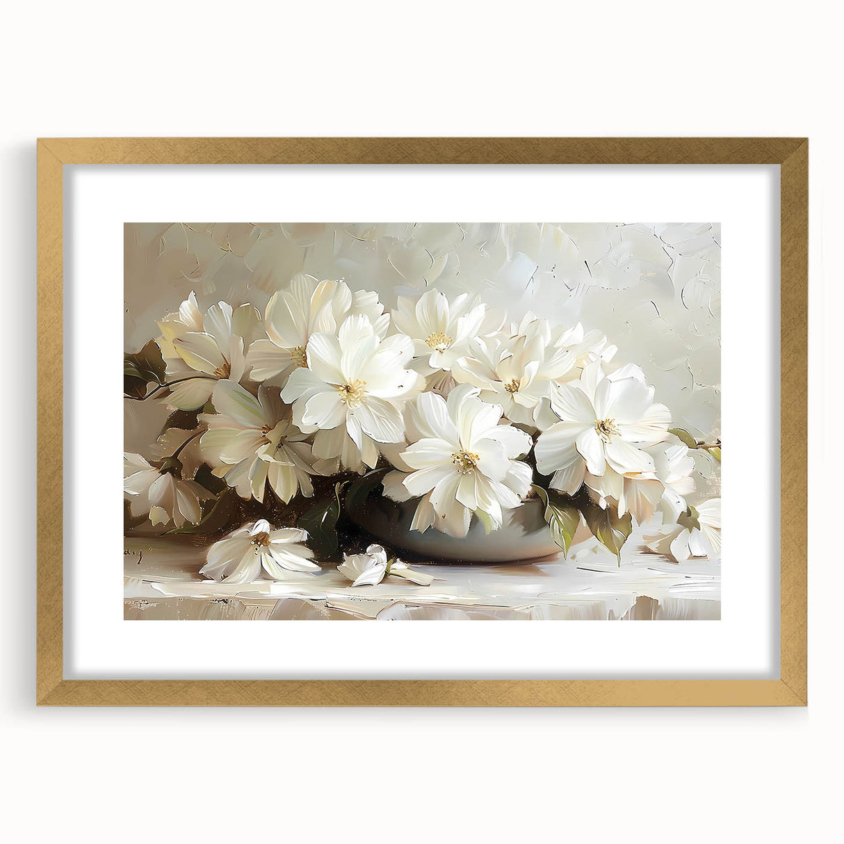 Abstract floral wall art featuring vibrant colors in a gold frame with a white mat, designed to enhance modern decor, perfect for living rooms or offices.