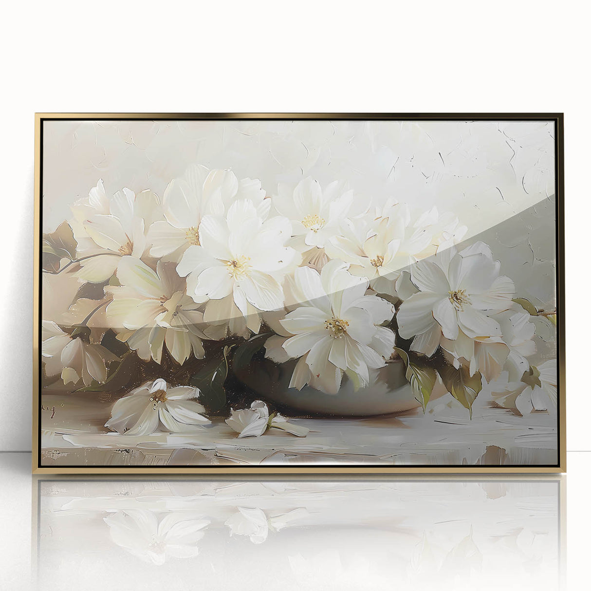Framed wall art featuring abstract floral designs in vibrant colors, set in a sleek gold frame, perfect for modern home decor. Ideal for adding elegance to any room.