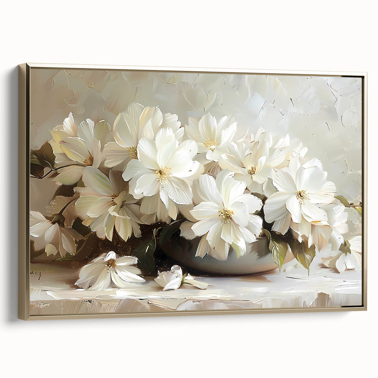 Framed abstract floral wall art showcasing vibrant gold and pastel hues, elegantly displayed from the side, perfect for modern home decor.