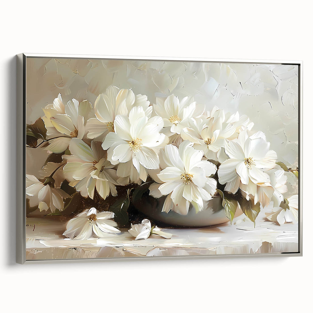 Framed abstract floral wall art in silver, showcasing vibrant colors and intricate designs, ideal for modern home decor. Side view emphasizes elegant frame and canvas texture.