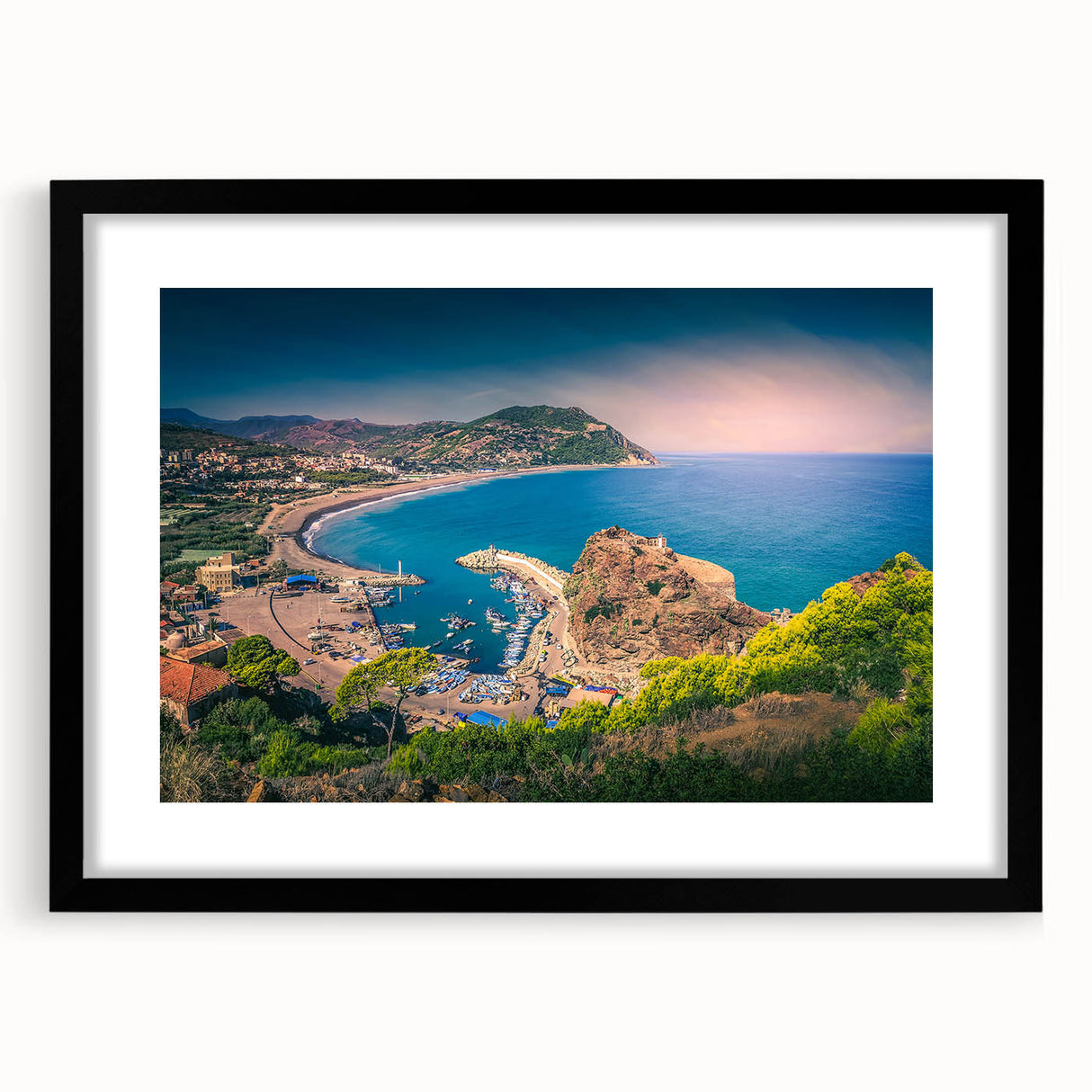 Abstract art print depicting colorful, textured scenery of Algeria, in a large black framed format.