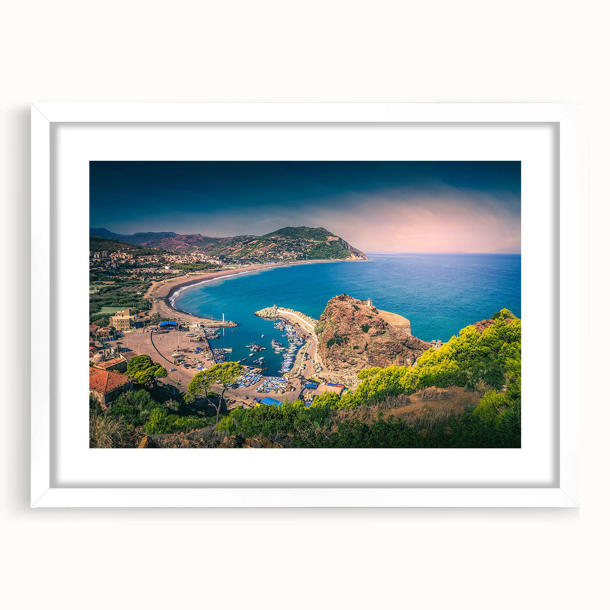 Extra large abstract art print of Algerian scenery in textured style, with earthy tones on a white framed canvas.