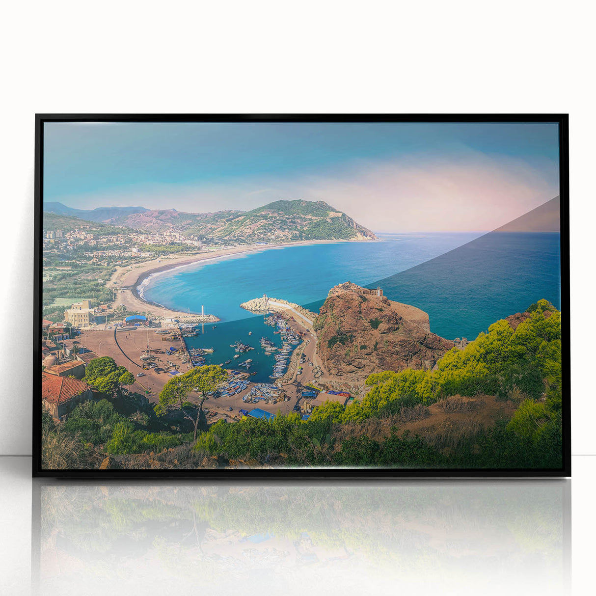 Large abstract wall art depicting an Algerian landscape in muted earth tones on a framed acrylic.