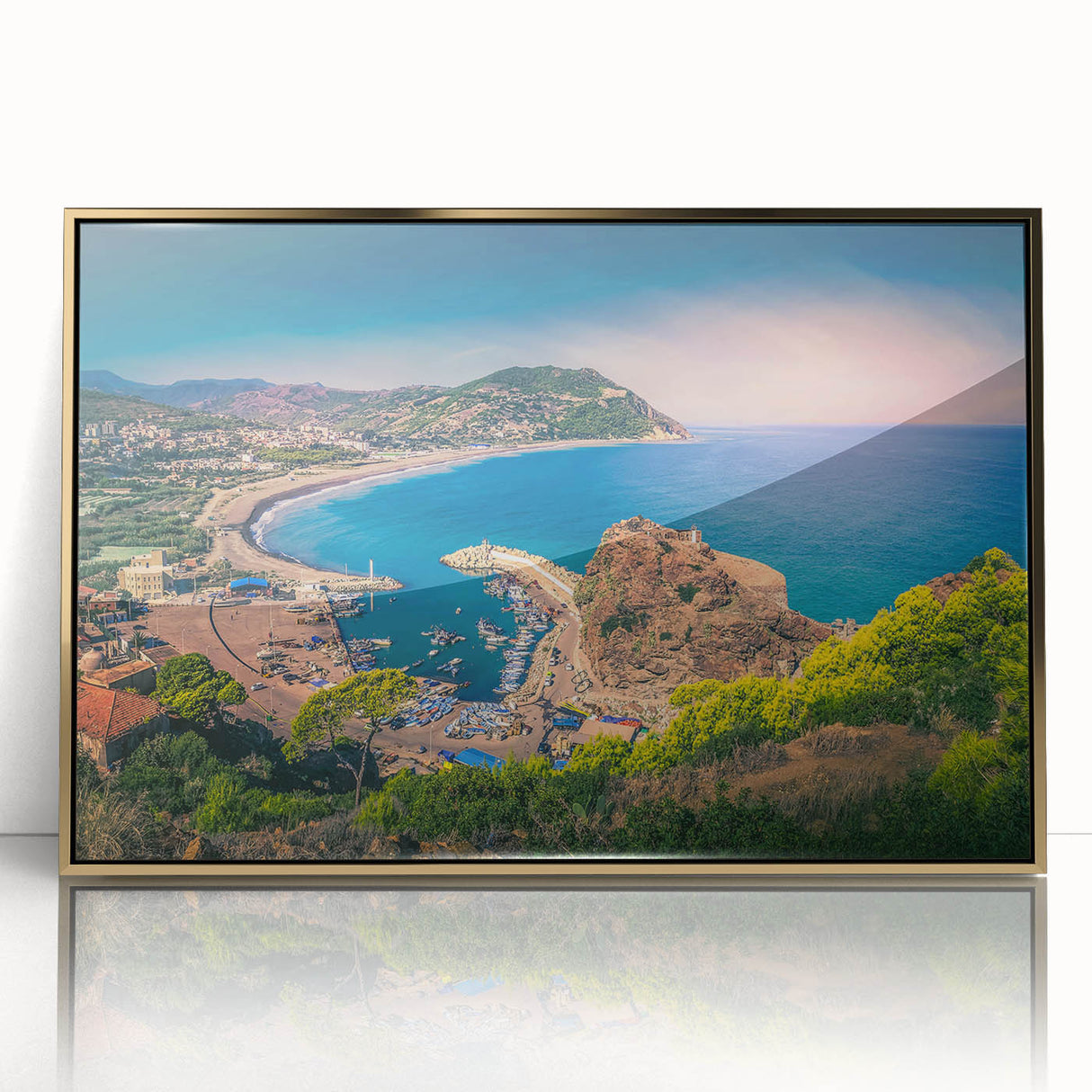 Mid-century modernist art depicting an Algerian landscape in muted earth tones on a framed acrylic print.