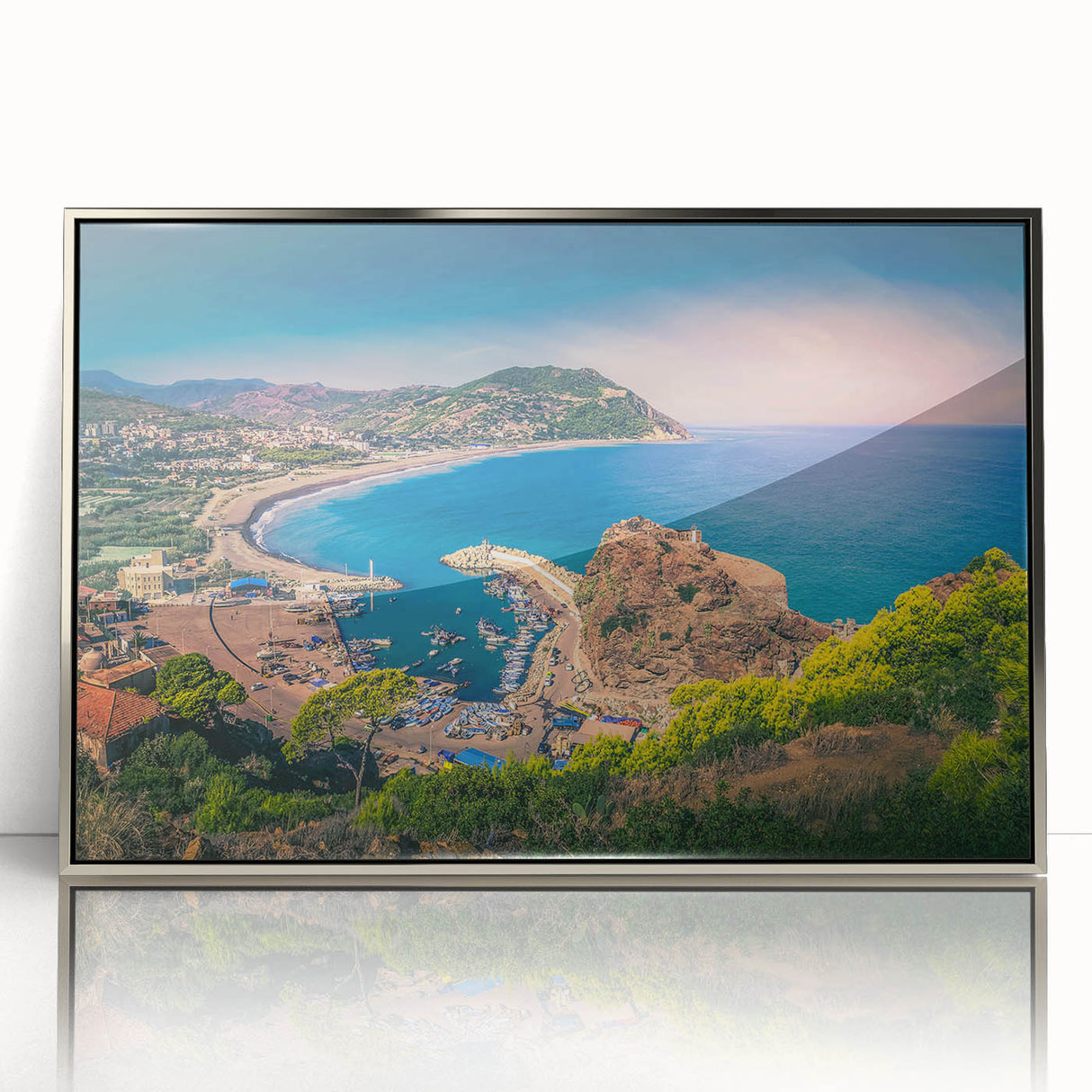 Acrylic print of an Algerian landscape in art deco style with silver frame, ideal for modern nursery decor.