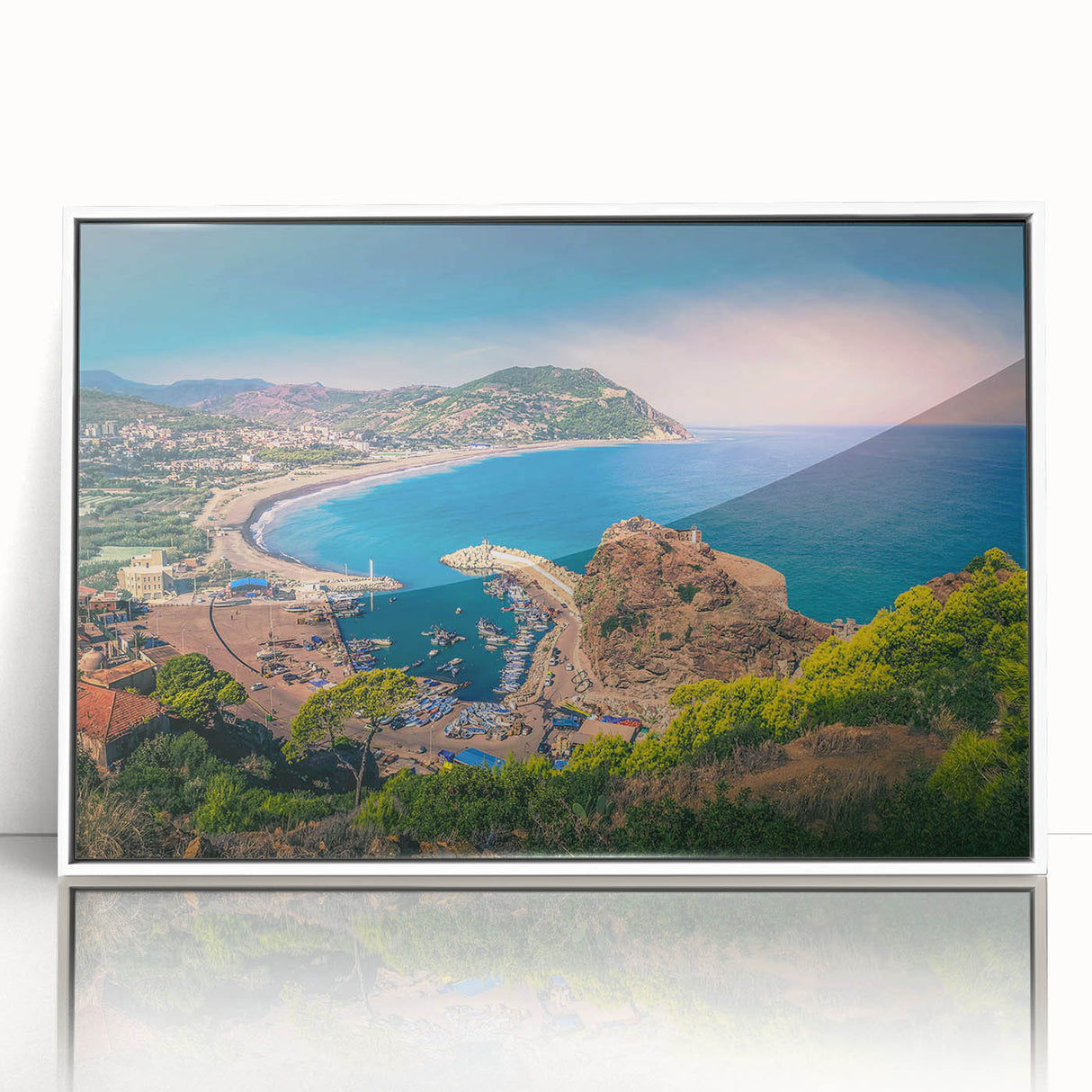 Large art print of an Algerian landscape in mid-century modernist style, framed in white acrylic.