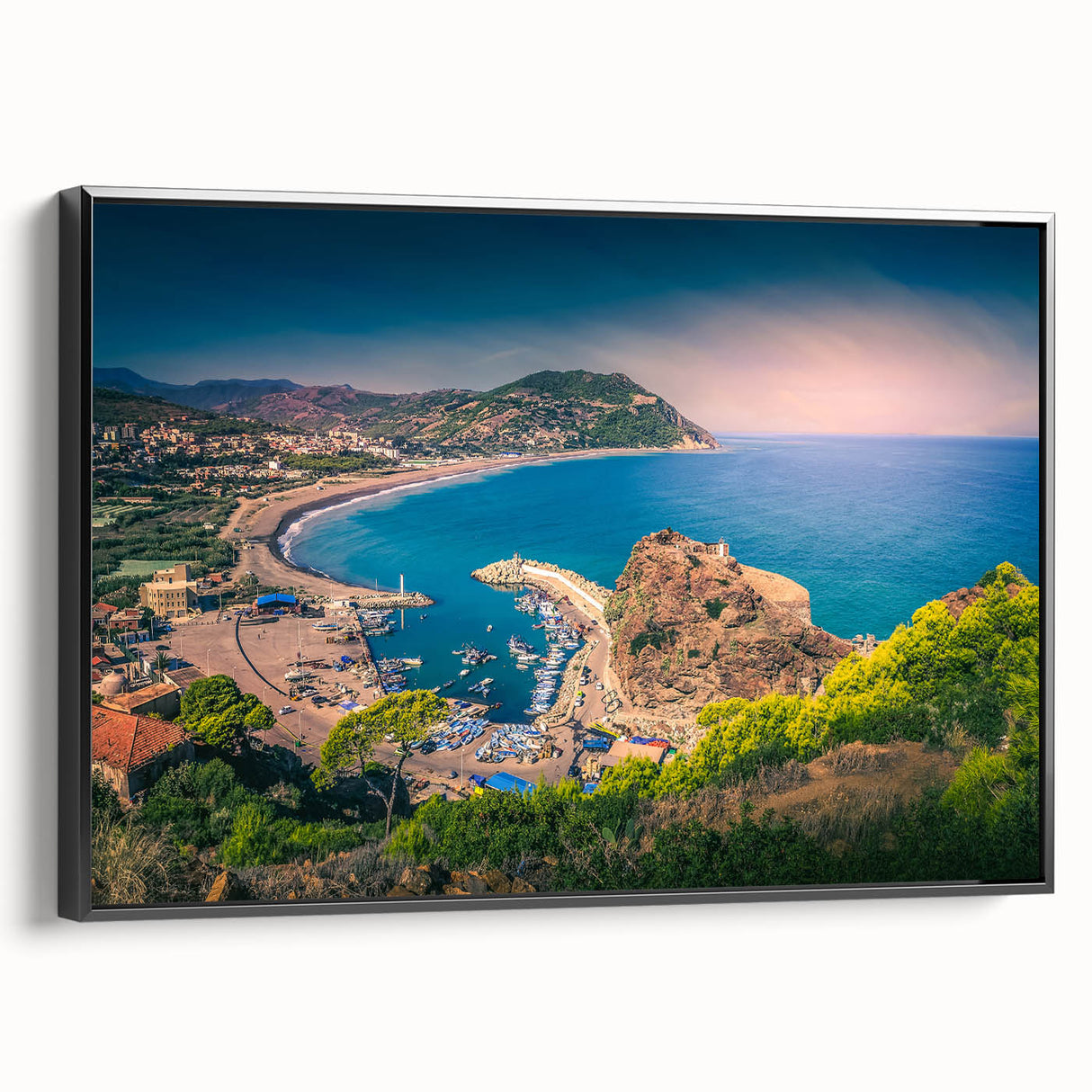 Black and white vintage poster art of Algerian landscape on framed canvas, ideal for bedroom wall decor.