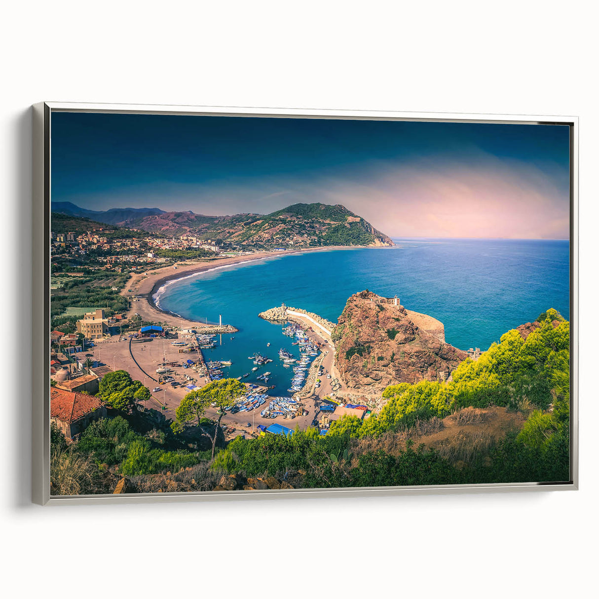 Vintage poster art of an Algerian landscape on a framed canvas, featuring a colorful palette, ideal for living room decor.