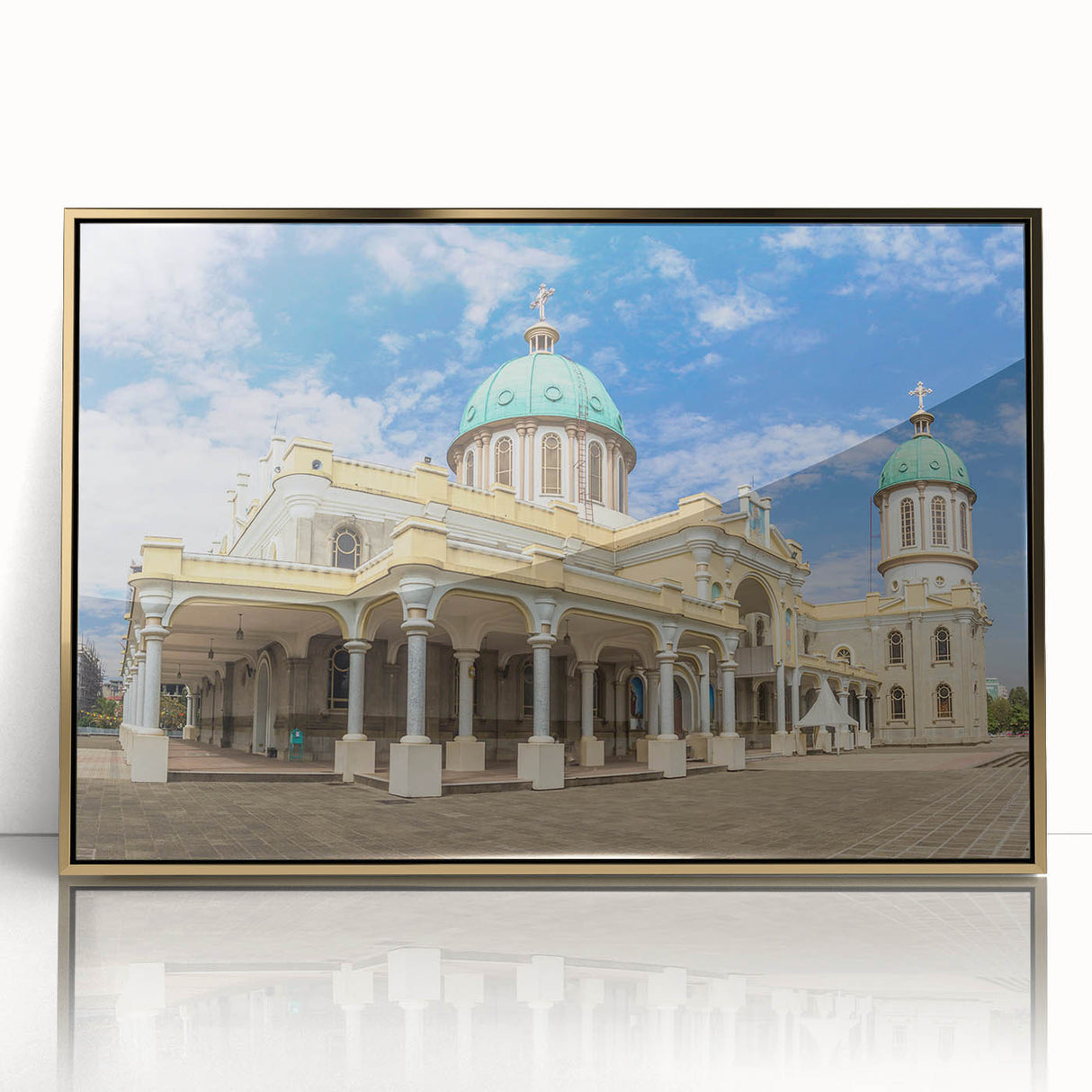 Mid-century modernist acrylic print of an Ethiopian landscape in gold and green tones, ideal for nursery wall decor.