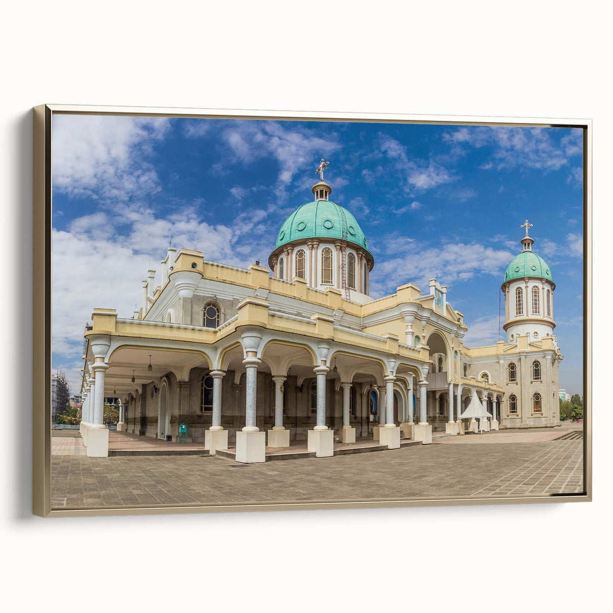 Framed canvas landscape art painting depicting a colorful Ethiopian scenery, ideal for adding a vintage touch to any room.