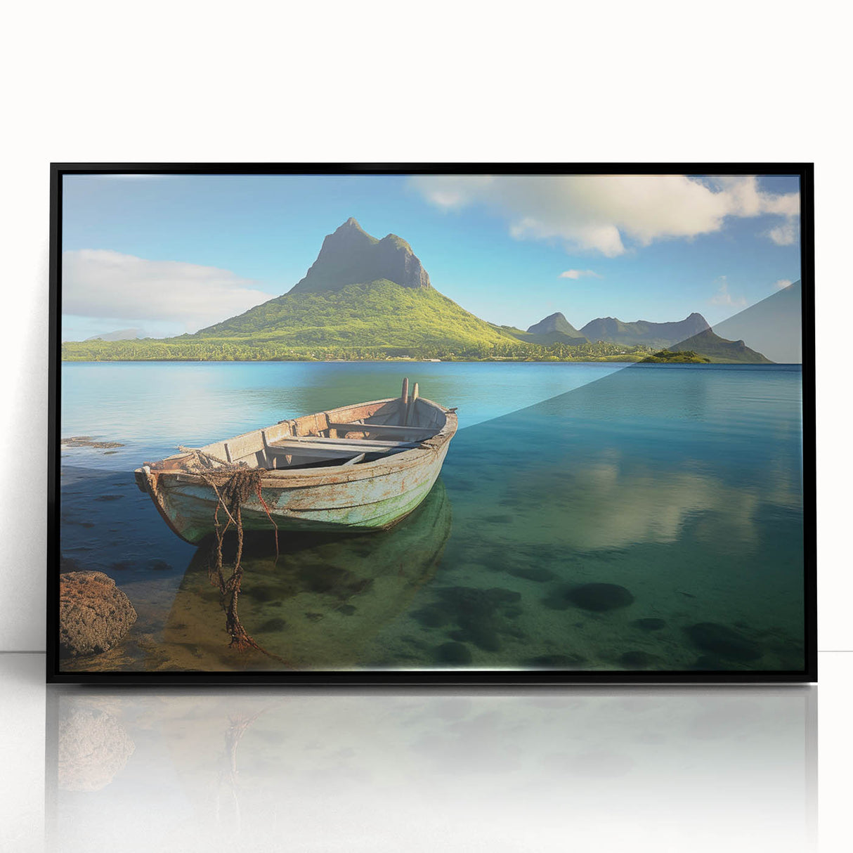 Large abstract wall art depicting a serene Mauritius landscape in muted earth tones on a framed acrylic.