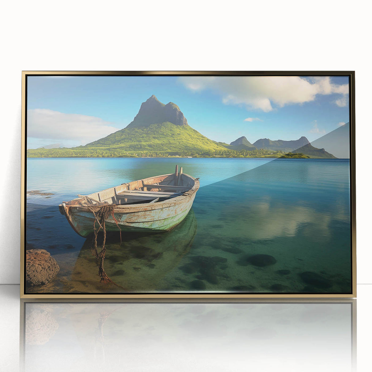 Mid-century modernist art depicting a serene Mauritius landscape in acrylic, framed in gold, ideal for nursery wall decor.