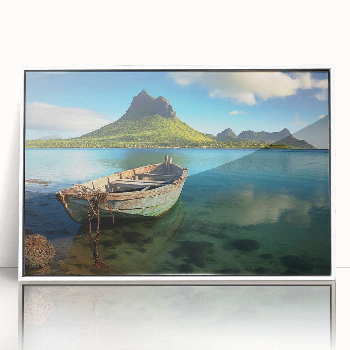 Large art print of a Mauritian landscape in mid-century modernist style, featuring muted earth tones.