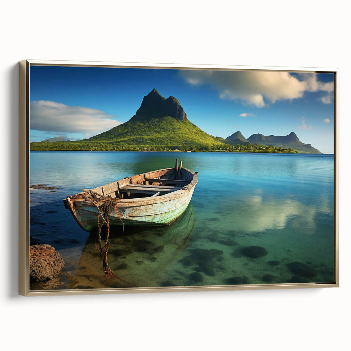 Framed canvas landscape art painting depicting a vivid Mauritius scenery in vibrant colors.