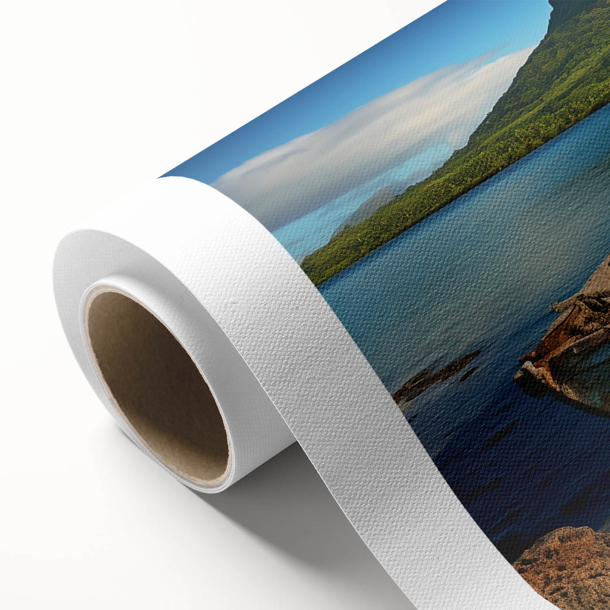 Art deco poster of a serene Mauritius landscape in muted green and blue tones on rolled canvas, ideal for nursery wall art.